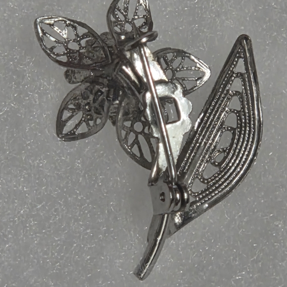 Vintage Silver Floral Brooch with Blue Rhinestone Center - Picture 3 of 4